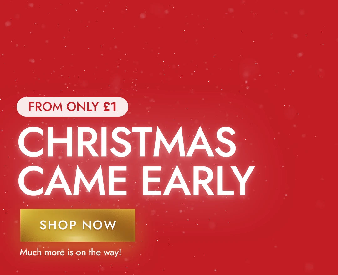 Red promotional banner with white "Christmas Came Early" text and a 'Shop Now' button, advertising Christmas early sales from £1.