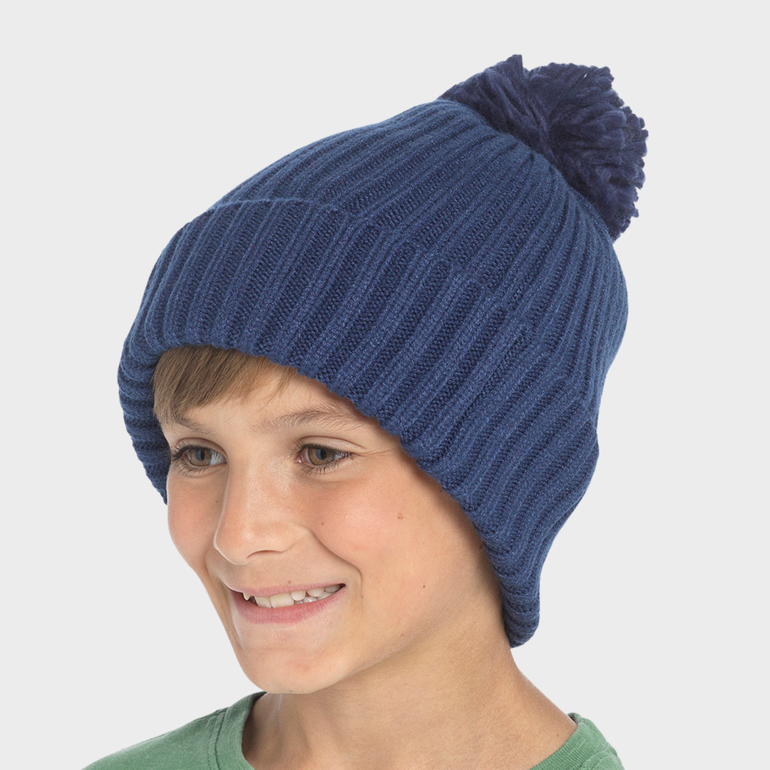 Kids Ribbed Beanie Hat with Bobble in Navy