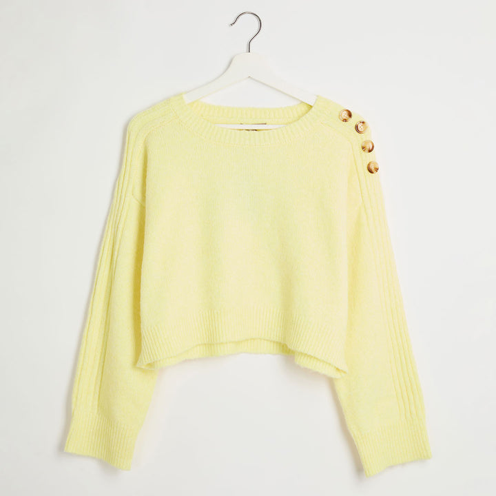Ladies Yellow Button Shoulder Cropped Jumper