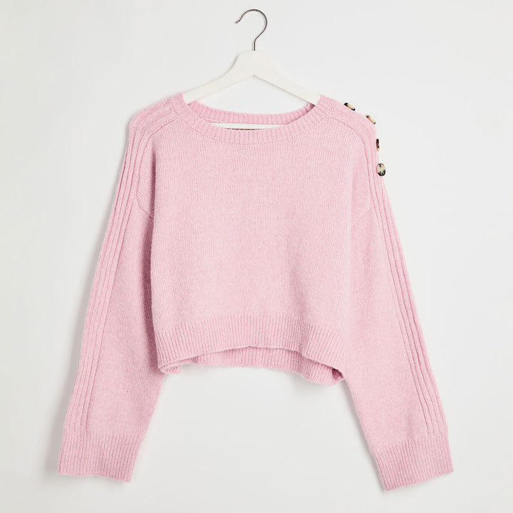 Ladies Pink Button Shoulder Cropped Jumper
