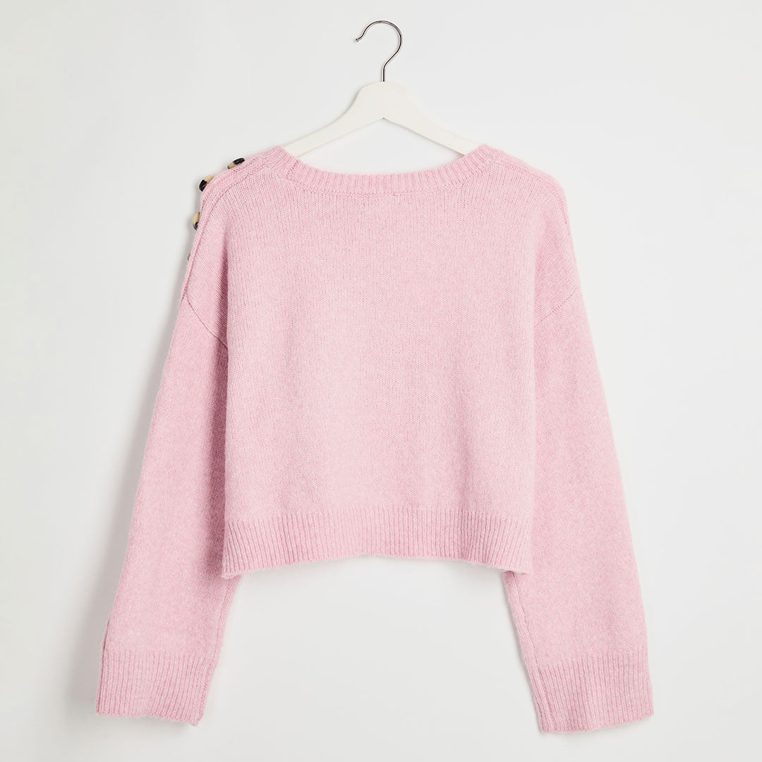 Ladies Pink Button Shoulder Cropped Jumper