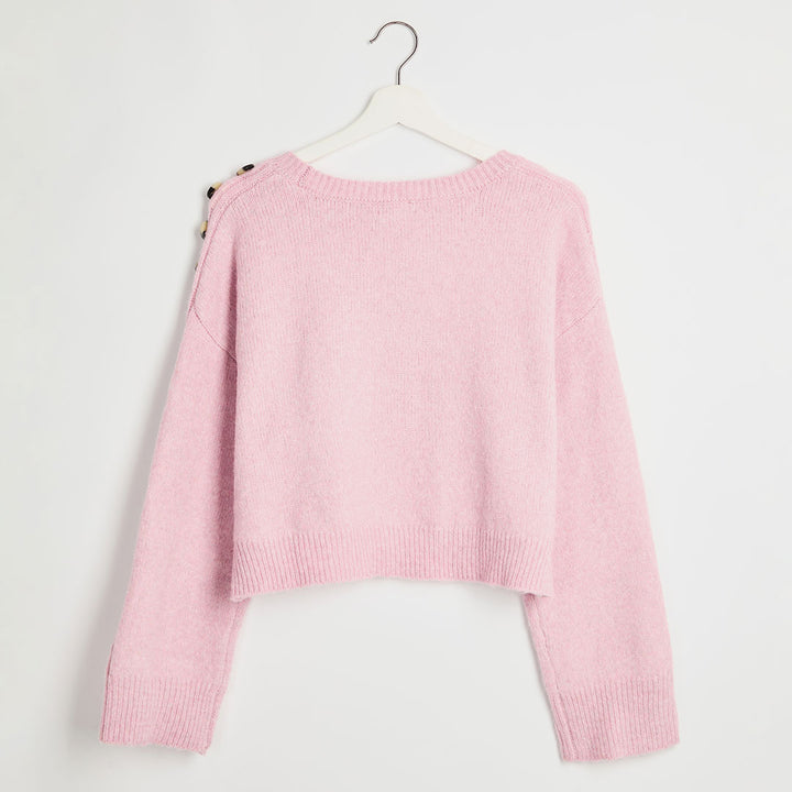 Ladies Pink Button Shoulder Cropped Jumper