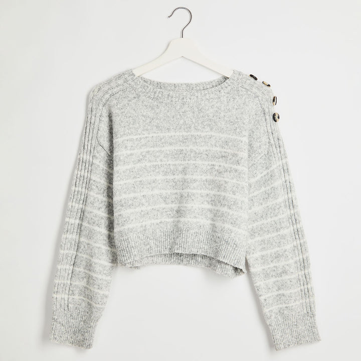 Ladies Grey Stripe Button Shoulder Cropped Jumper