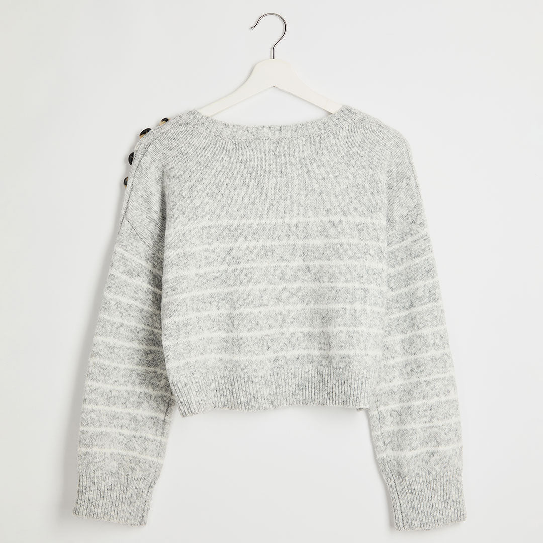 Ladies Grey Stripe Button Shoulder Cropped Jumper
