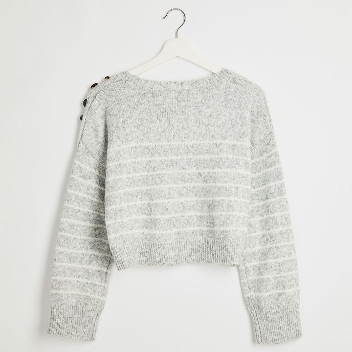 Ladies Grey Stripe Button Shoulder Cropped Jumper