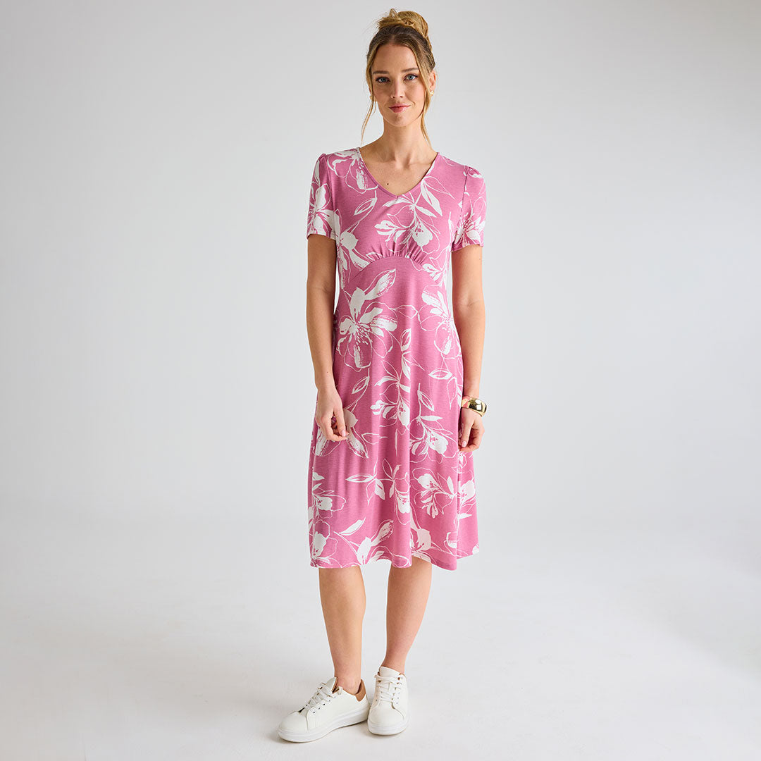 Ladies Pink Giant Floral V-Neck Printed Dress