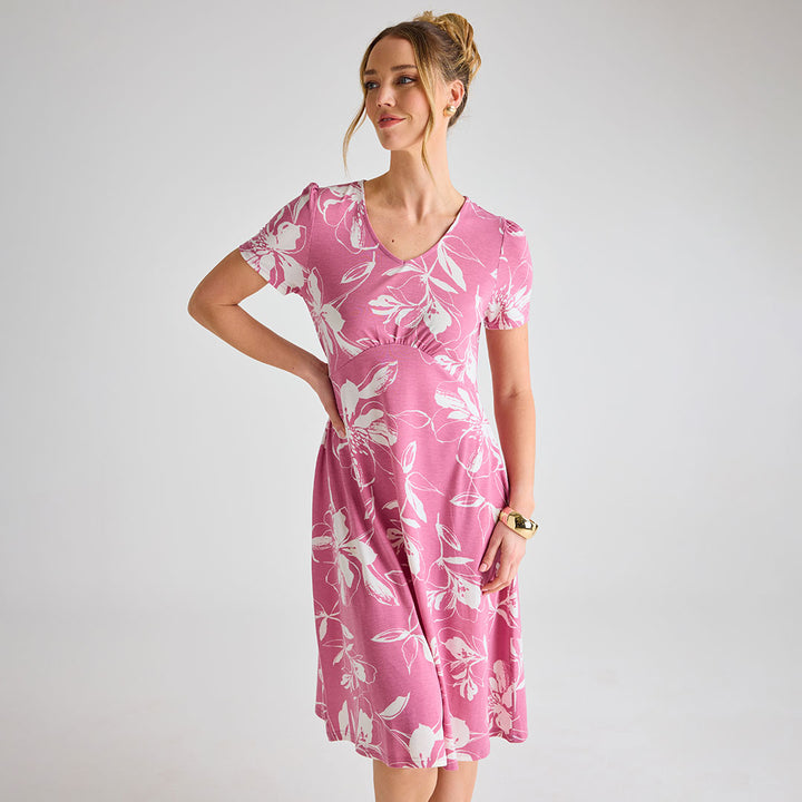 Ladies Pink Giant Floral V-Neck Printed Dress