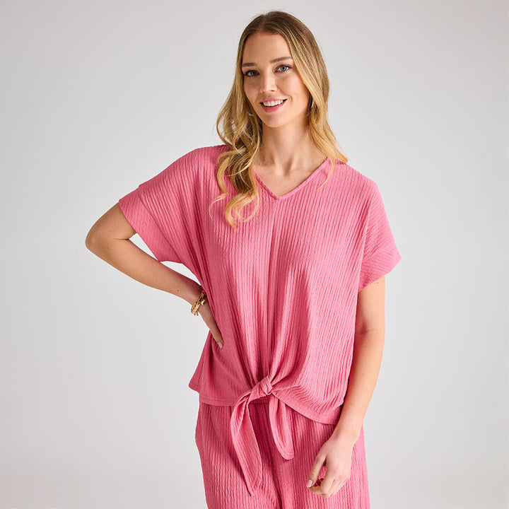Ladies Coral Plisse Tie Front Top