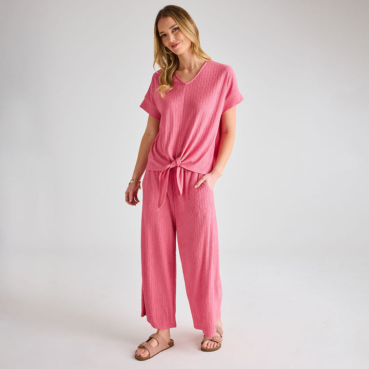 Ladies Coral Plisse Tie Front Top