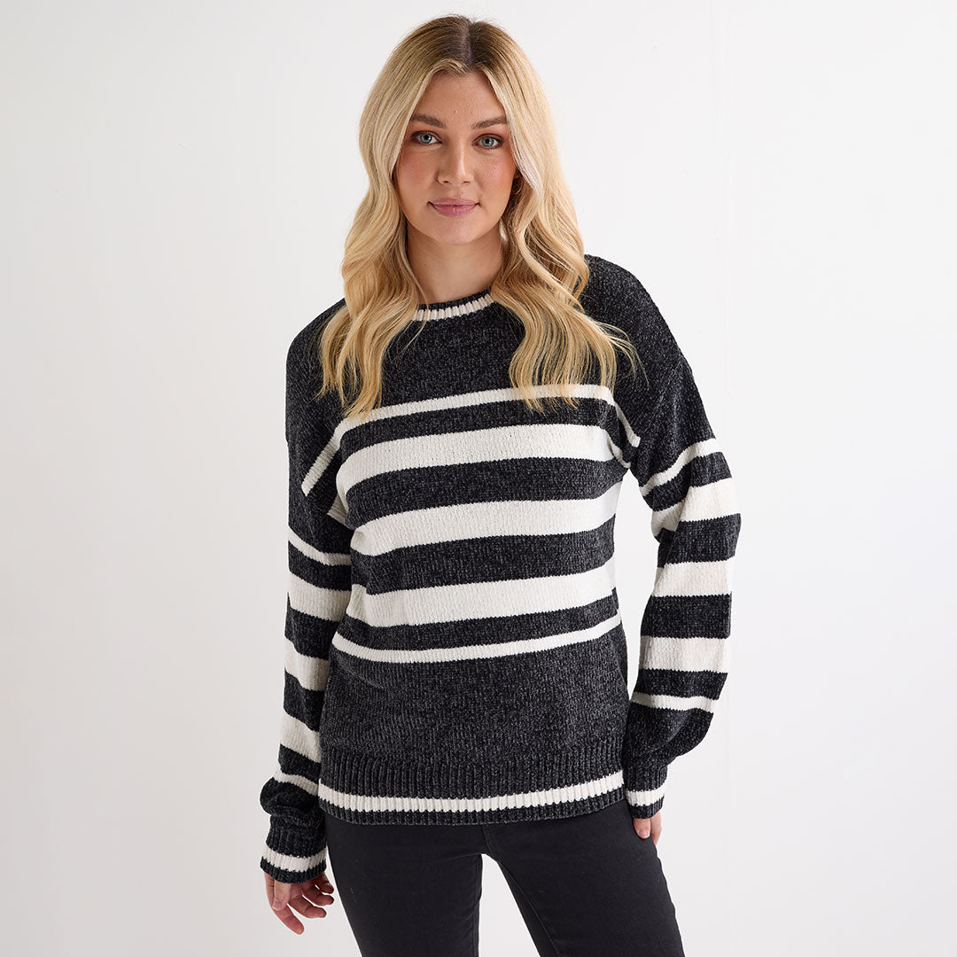 Ladies Charcoal Chenille Stripe Jumper