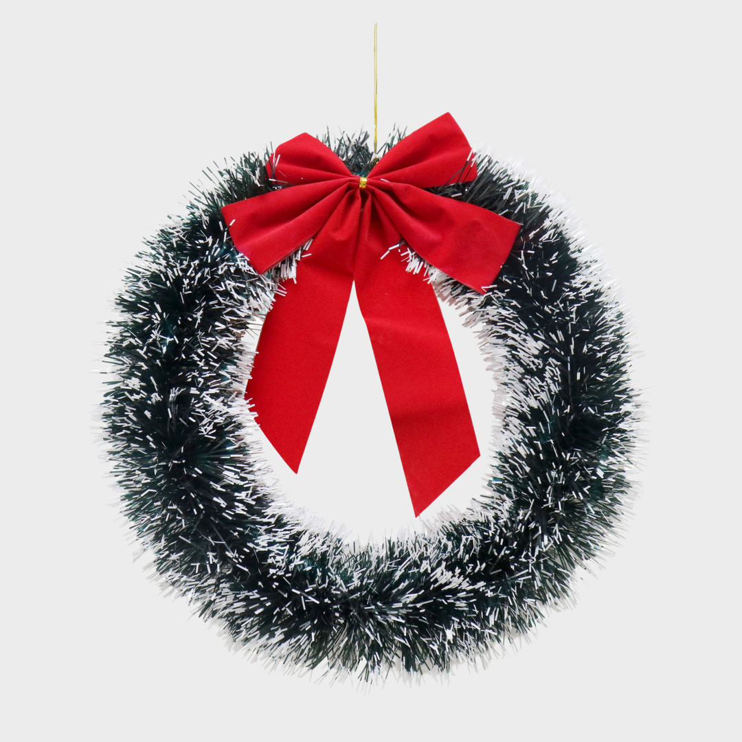 Snow tinsel wreath 33cm with bow