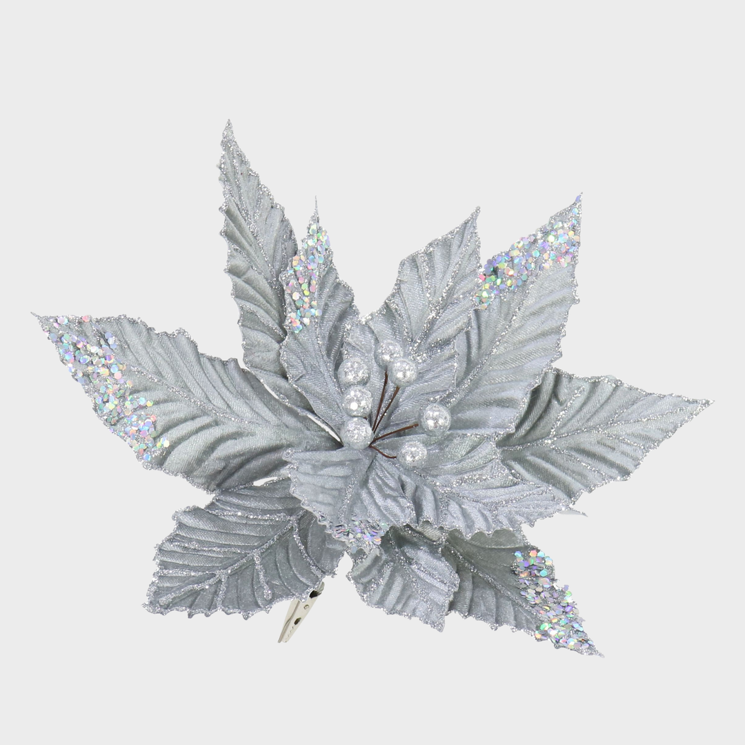 Clip on poinsettia 30cm velvet silver