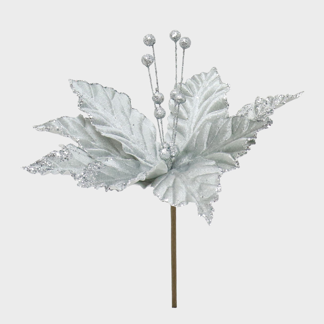 Poinsettia velvet glitter 22cm silver