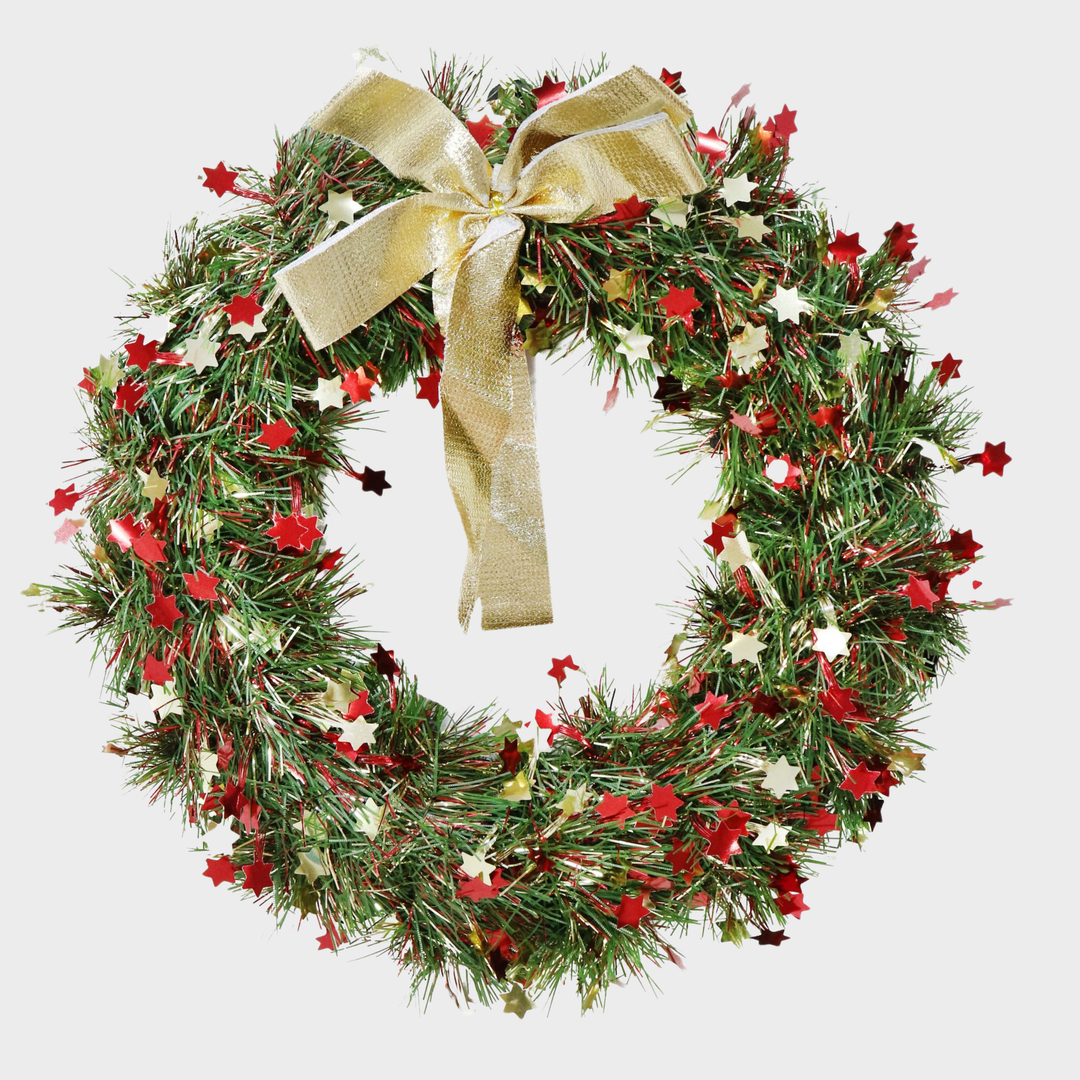 Tinsel wreath 25cm d/c stars w/bow