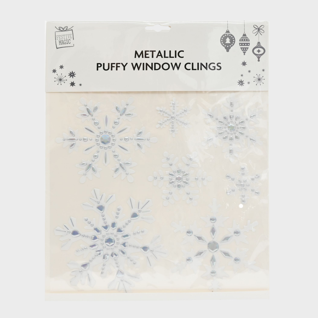 Metallic puffy snowflakes window cling