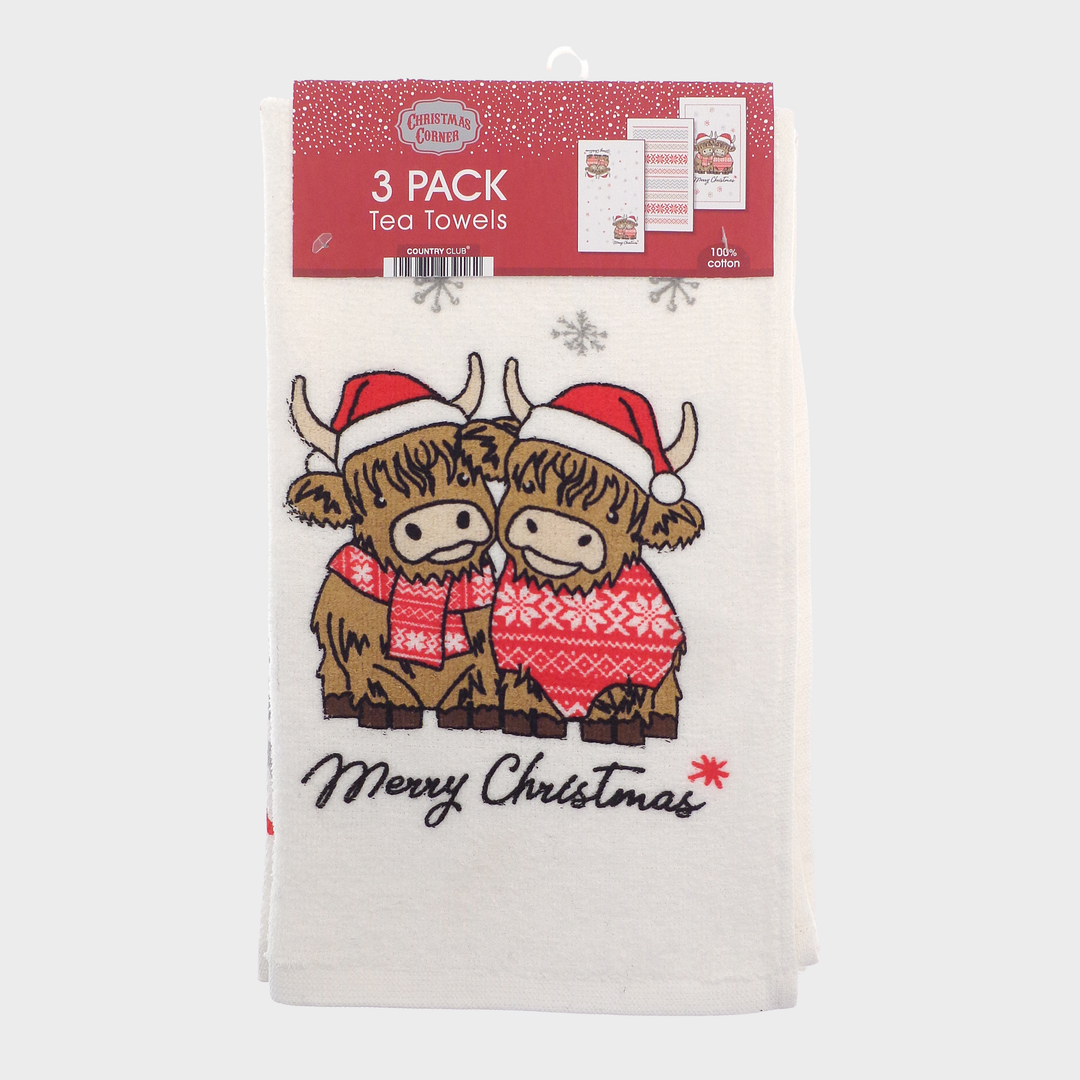 3pk Highland Cow Xmas Tea Towel