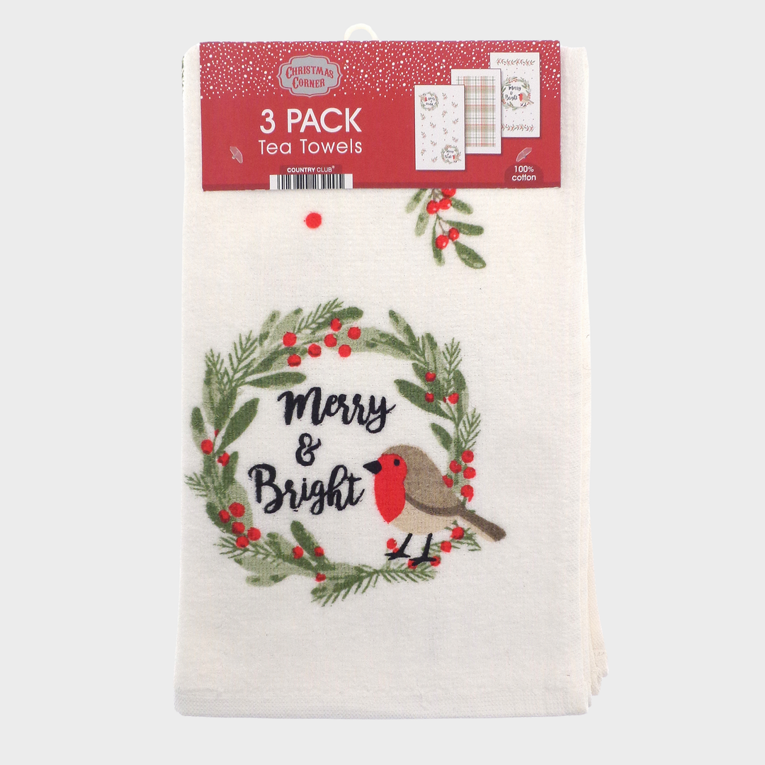 3pk Xmas Tea Towel Merry and Bright