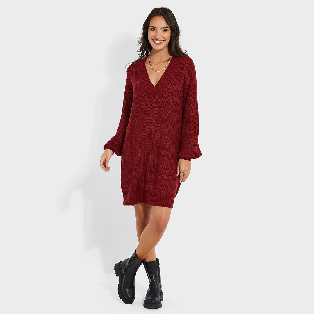 Threadbare Ladies Red V-Neck Knitted Dress