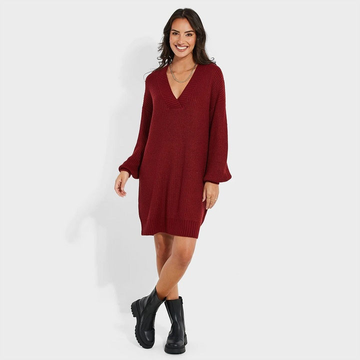 Threadbare Ladies Red V-Neck Knitted Dress