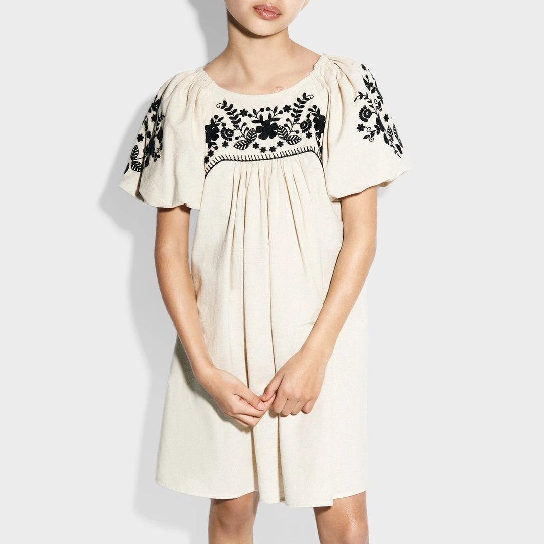 Girls` Embroidred Floral Linen Mix Dress from You Know Who's