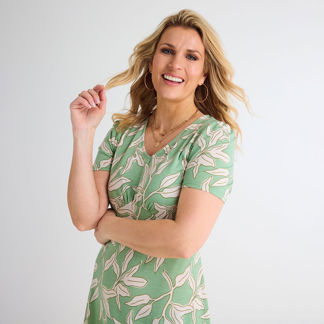 Green Leaf Print V Neck Dress from You Know Who's