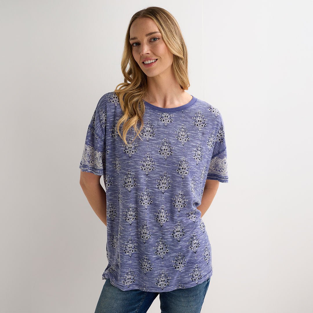 Ladies Blue Printed Relaxed Fit T-Shirt from You Know Who's