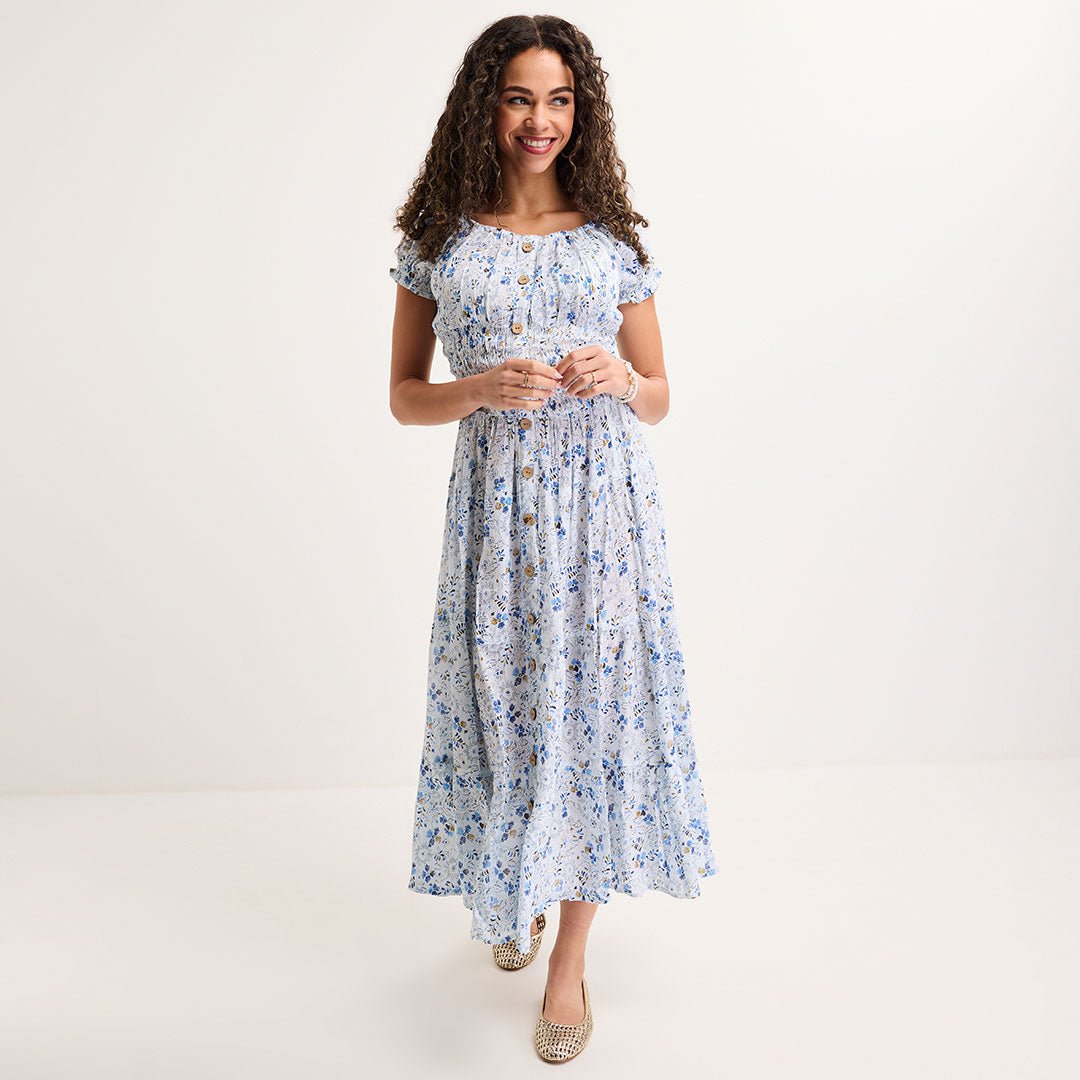 Ladies Cobalt Vintage Floral Bardot Print Midi Dress – You Know Who's