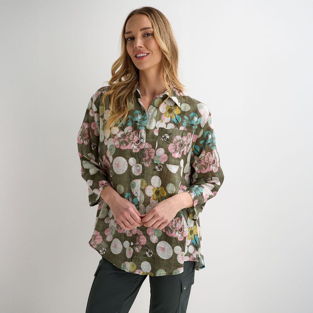 Ladies Khaki Printed Button Through Shirt from You Know Who's