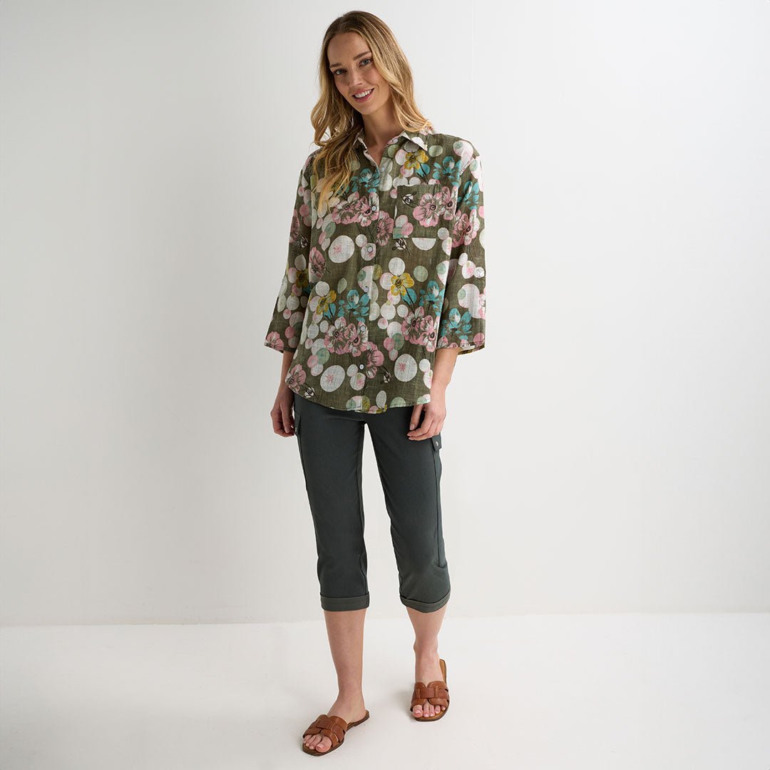 Ladies Khaki Printed Button Through Shirt from You Know Who's