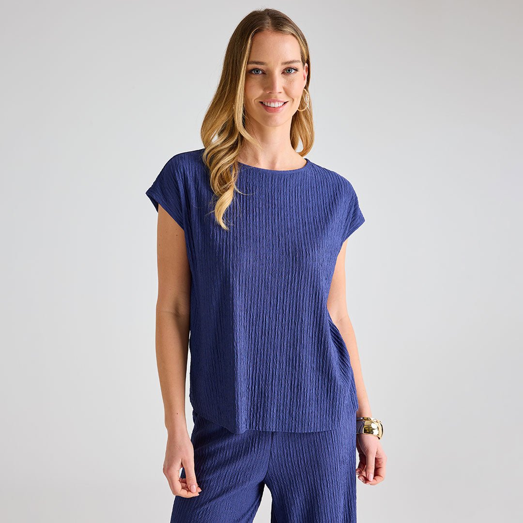 Ladies Navy Plisse Top from You Know Who's