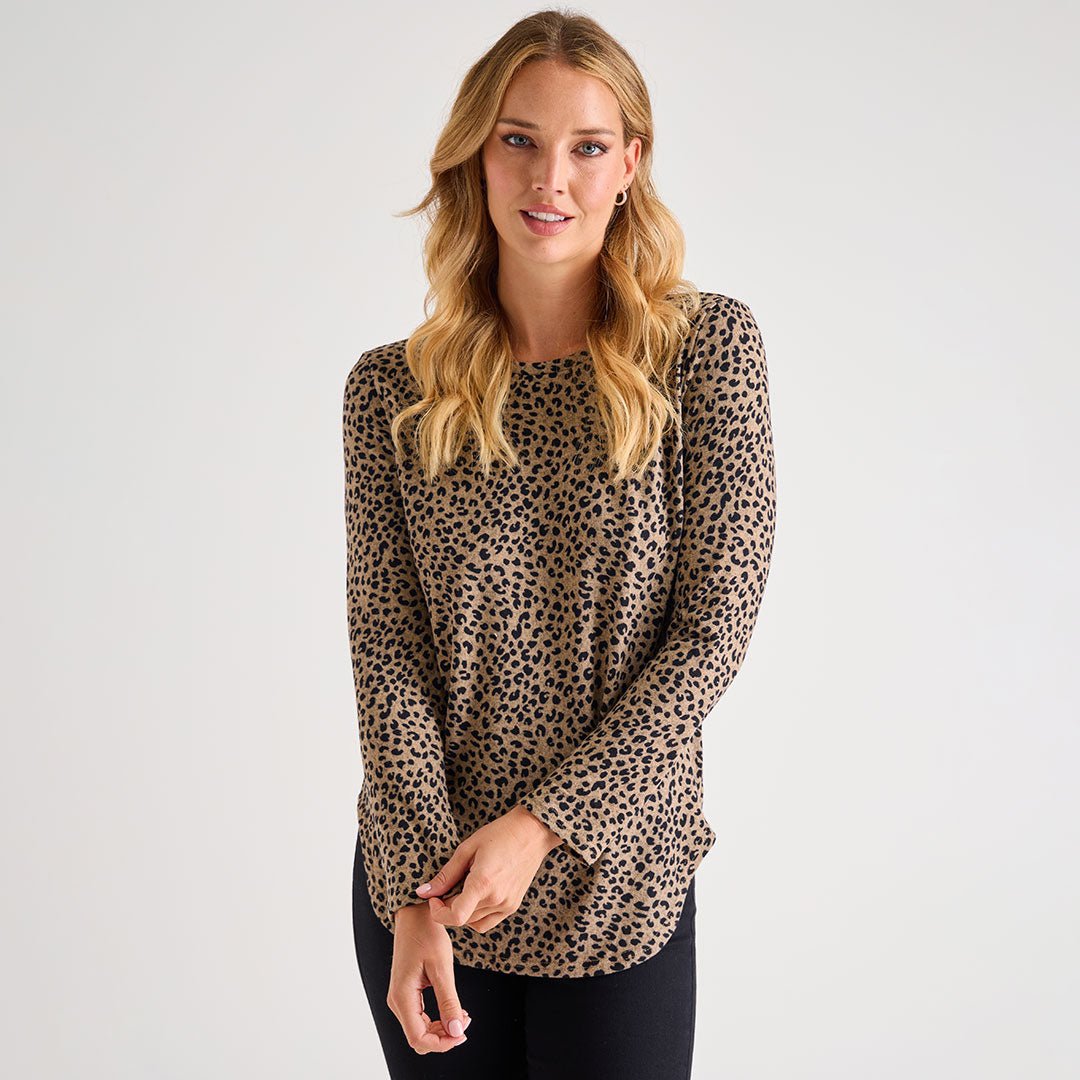 Ladies Oatmeal Leopard Smudge Curved Hem Top from You Know Who's