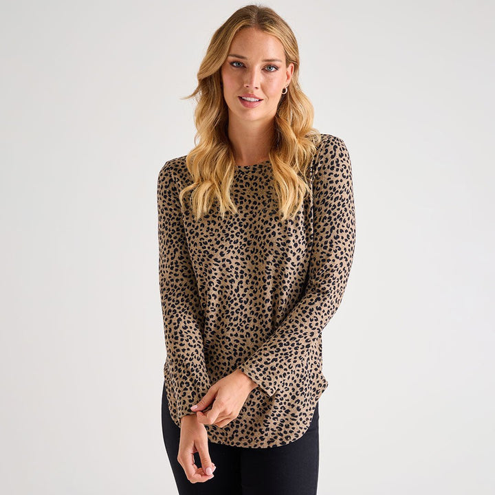 Ladies Oatmeal Leopard Smudge Curved Hem Top from You Know Who's