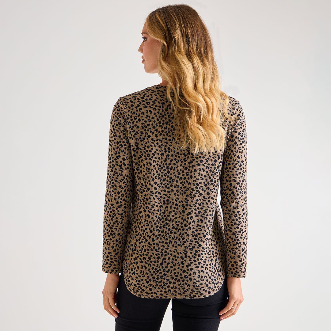 Ladies Oatmeal Leopard Smudge Curved Hem Top from You Know Who's