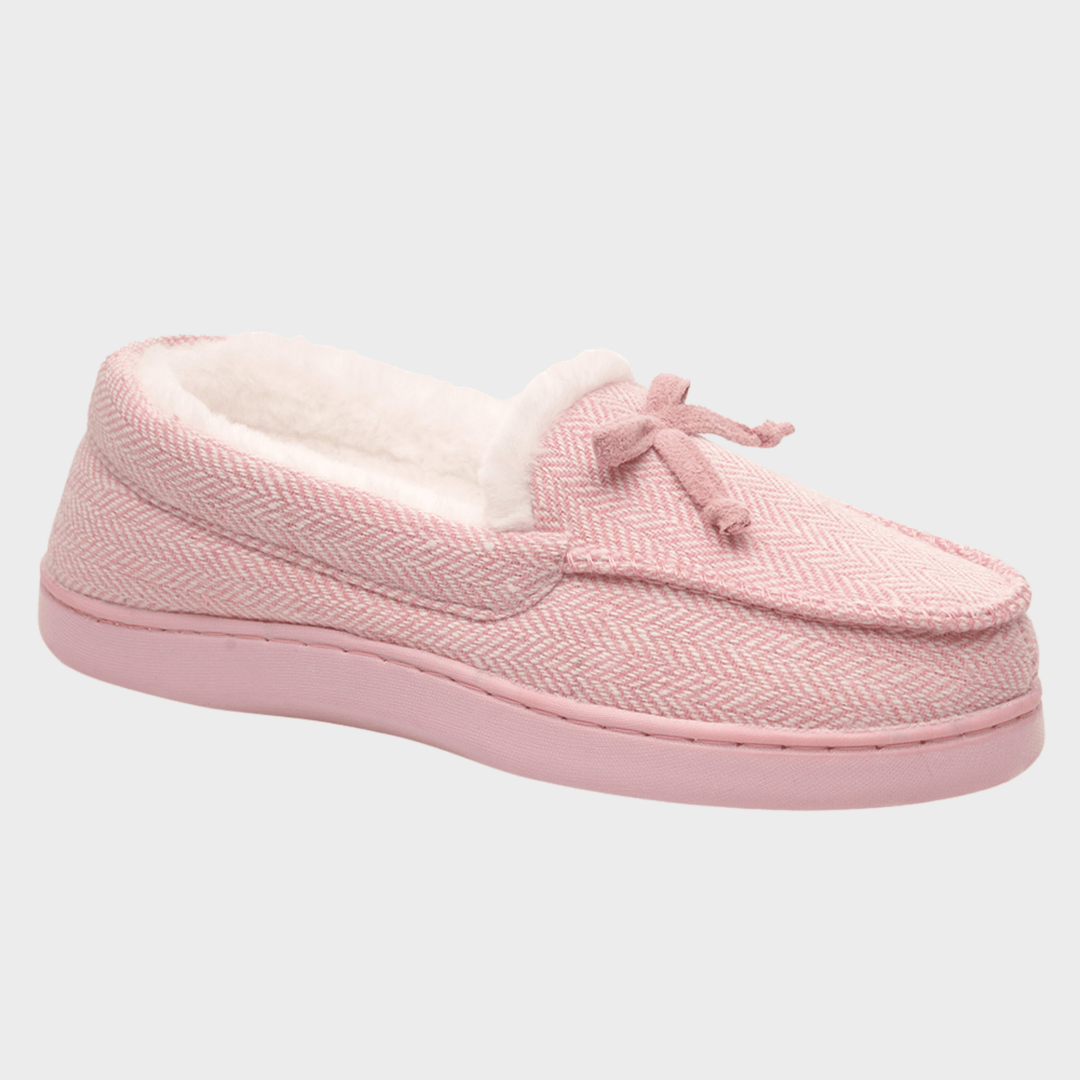 Ladies Pink Herringbone Moccasin Slipper from You Know Who's