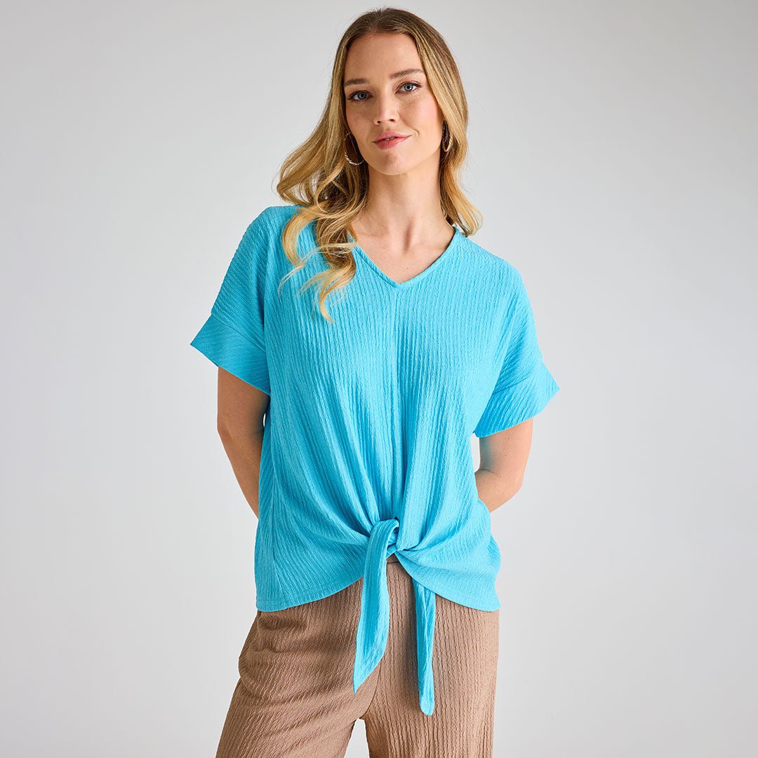Ladies Turquoise Plisse Tie Front Top from You Know Who's