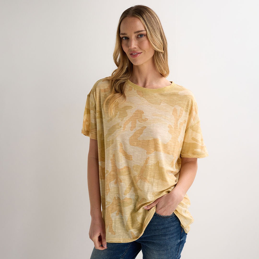 Ladies Yellow Camo Cotton Relaxed Tee from You Know Who's