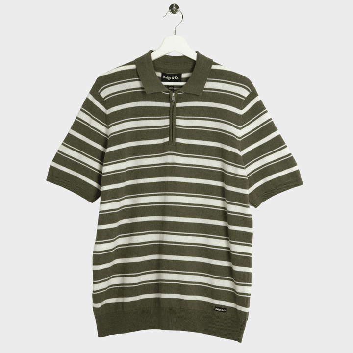 Mens Sage Green Stripe Zip Neck Polo from You Know Who's