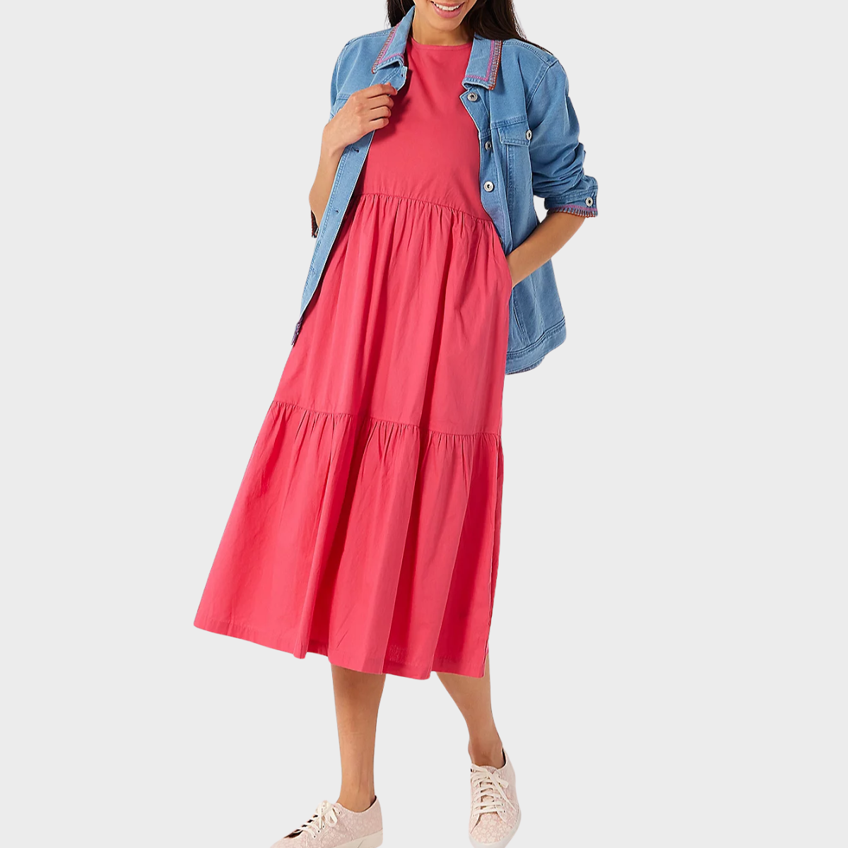 Ladies Pink Cotton Jersey Tiered Dress