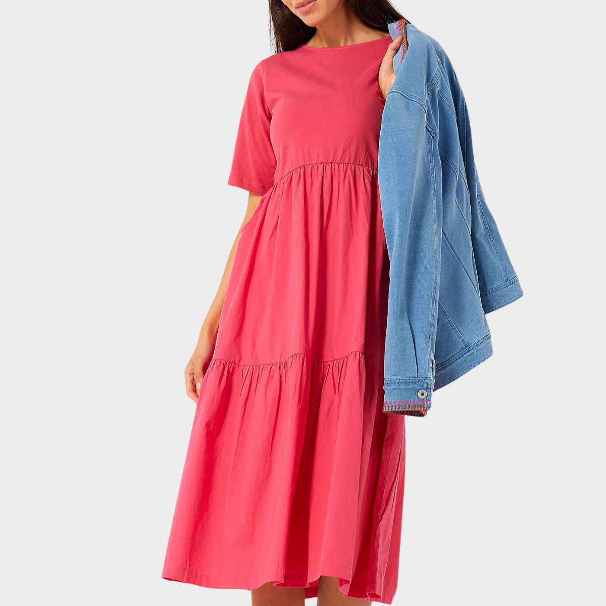 Ladies Pink Cotton Jersey Tiered Dress