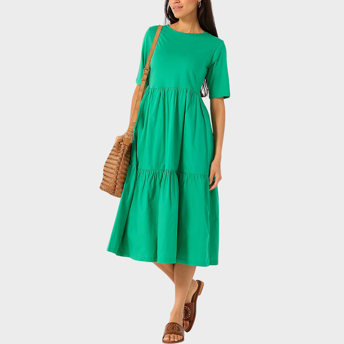 Ladies Green Cotton Jersey Tiered Dress