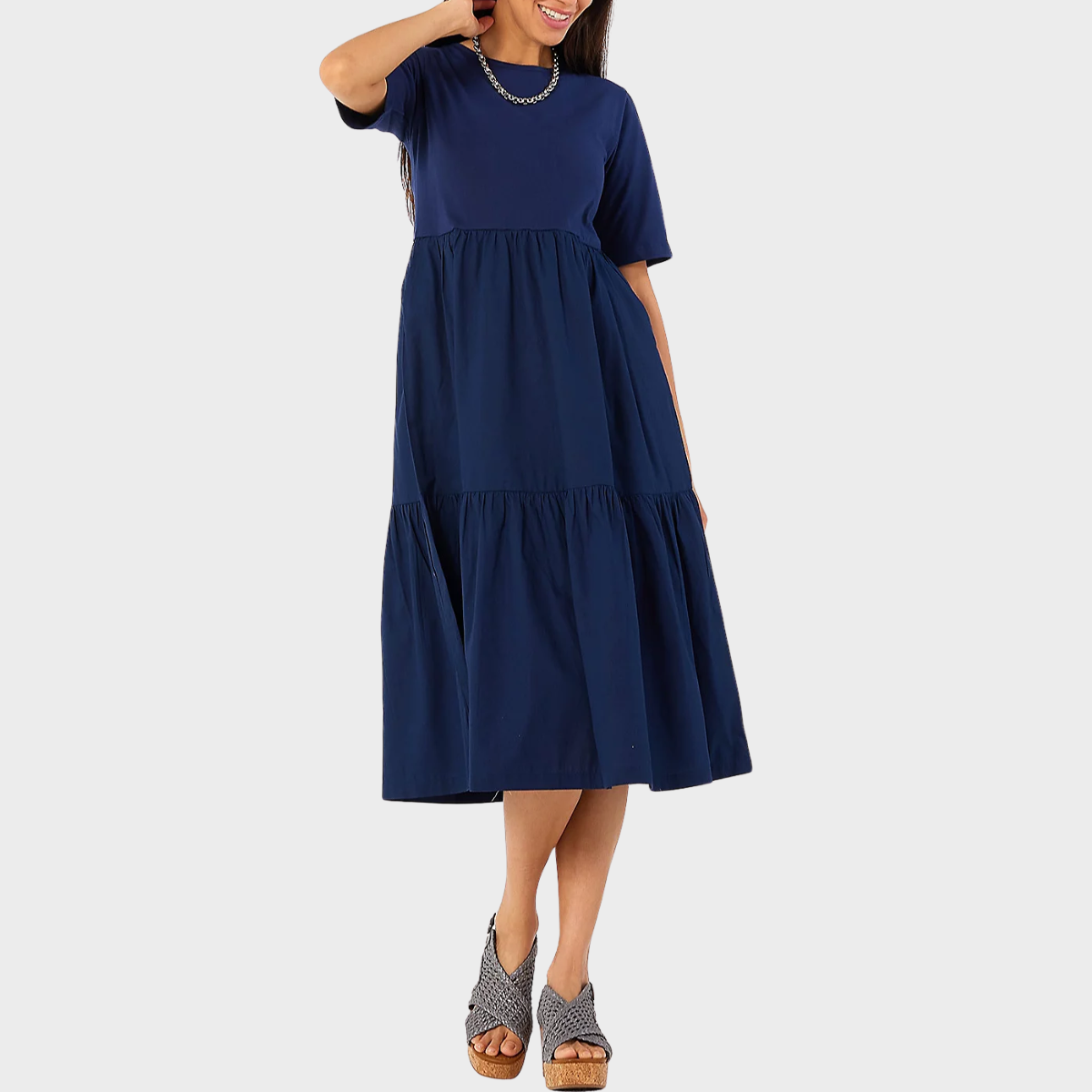 Ladies Navy Cotton Jersey Tiered Dress