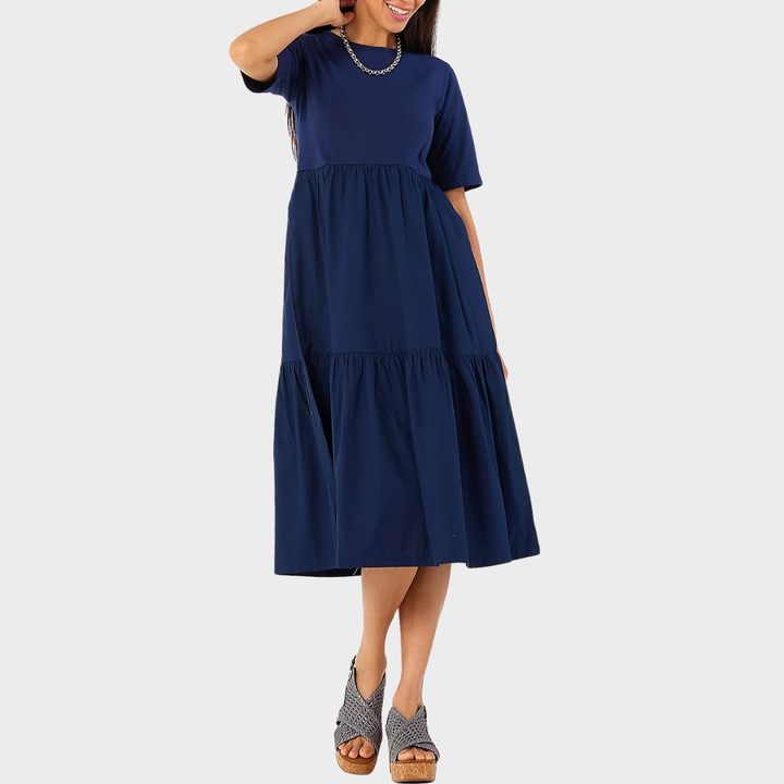 Ladies Navy Cotton Jersey Tiered Dress