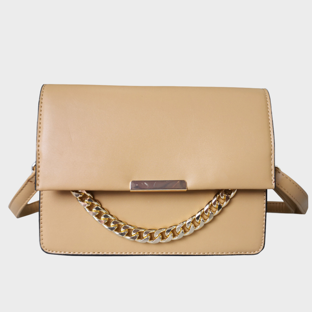 Beige Fold Over Chain Detail Bag