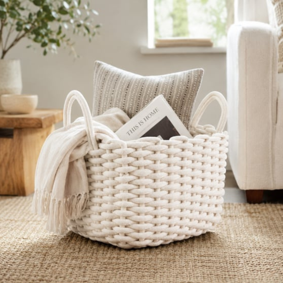 White Rope Weave Storage Basket 28cm x 21cm