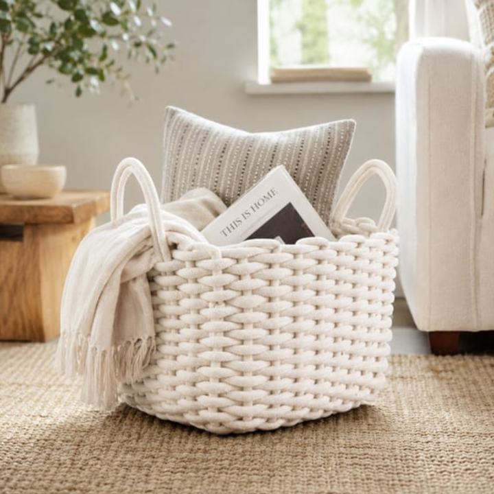 White Rope Weave Storage Basket 28cm x 21cm