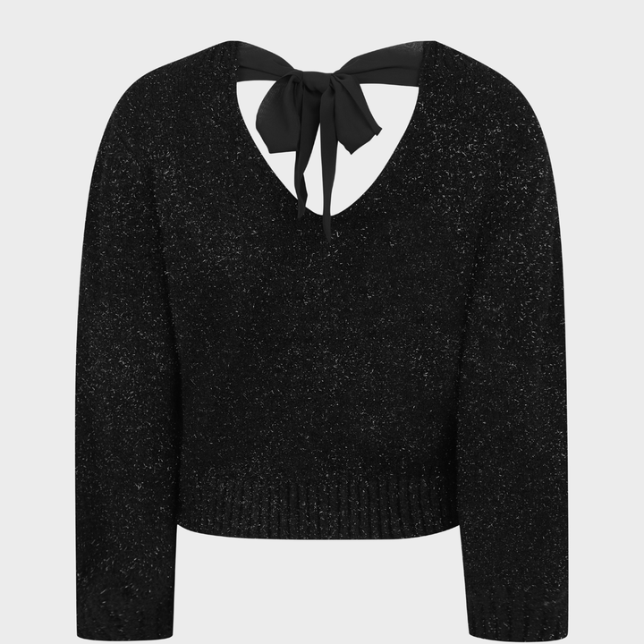 Ladies Black Lurex Bow Tie Jumper