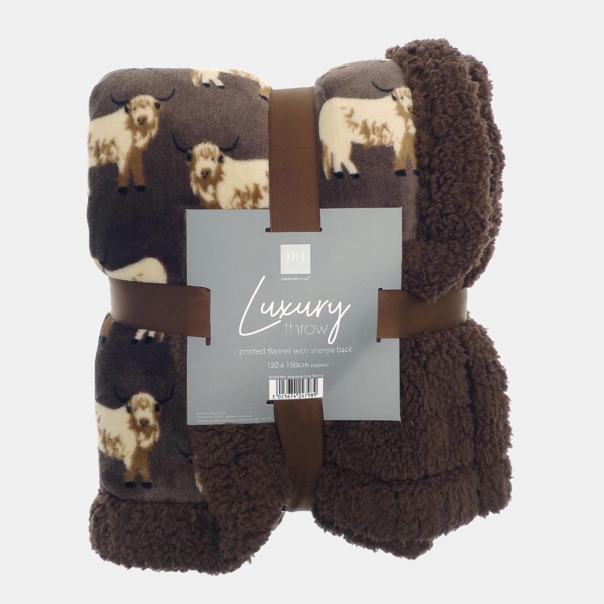 Luxury Highland Cow Throw Sherpa Reverse 120x150cm