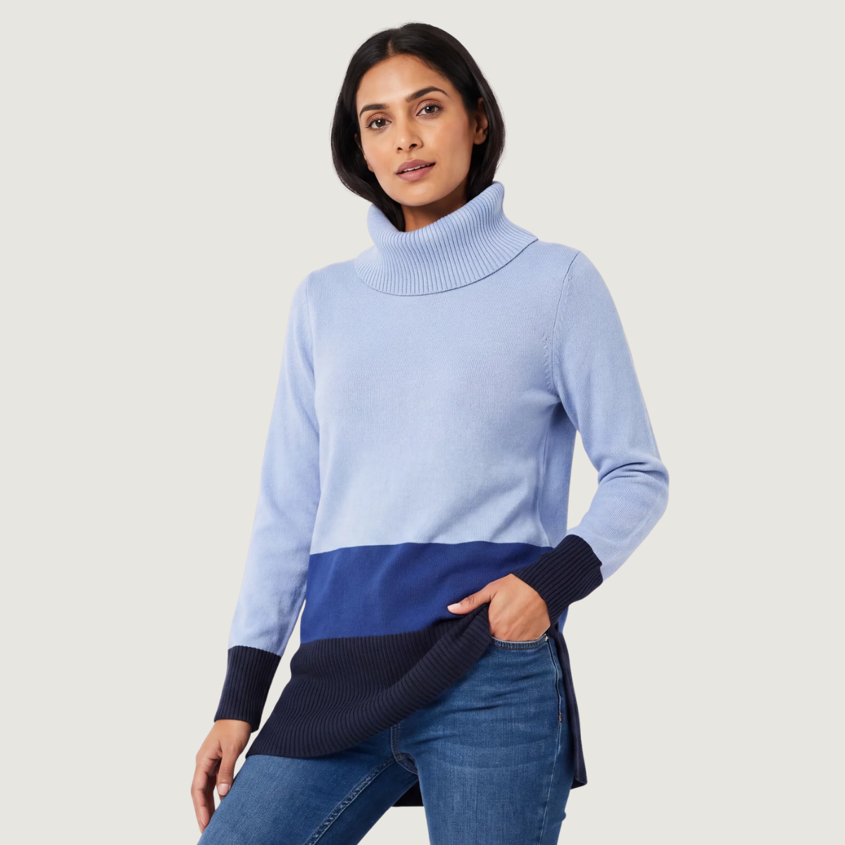 Ladies Colour Block Turtle Neck Jumper