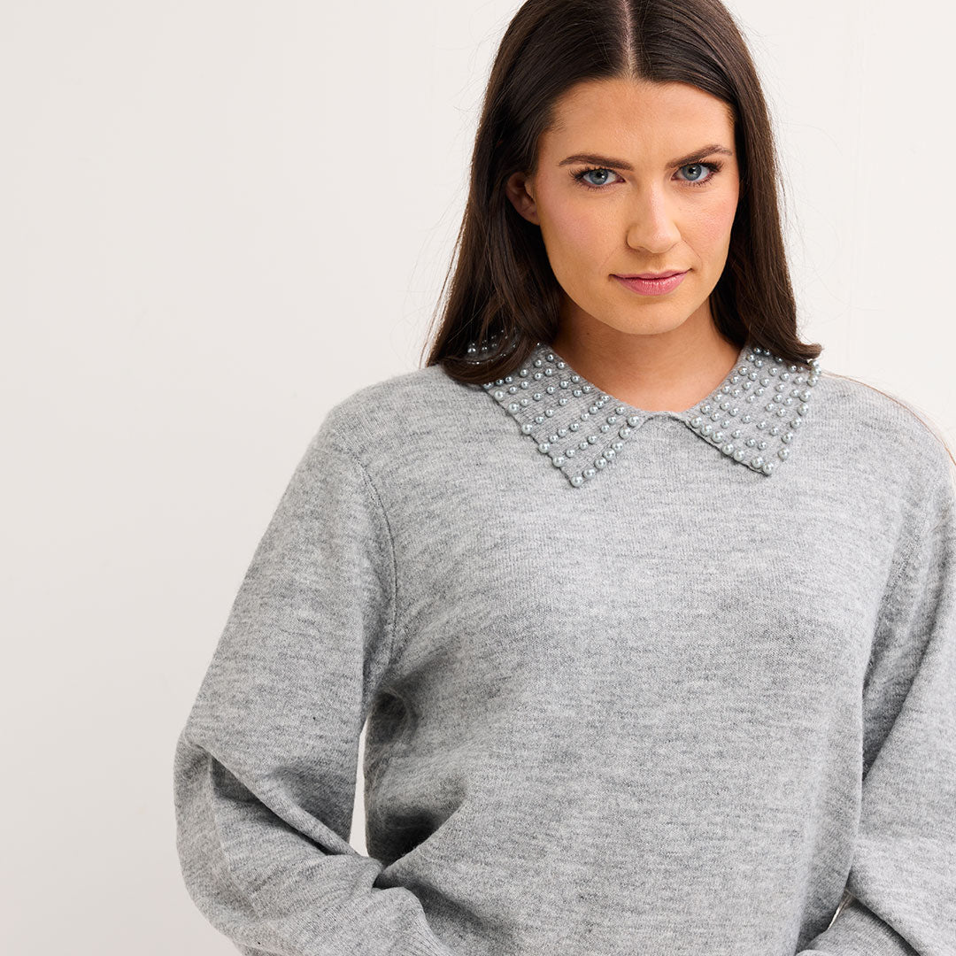 Ladies Faux Pearl Collar Jumper
