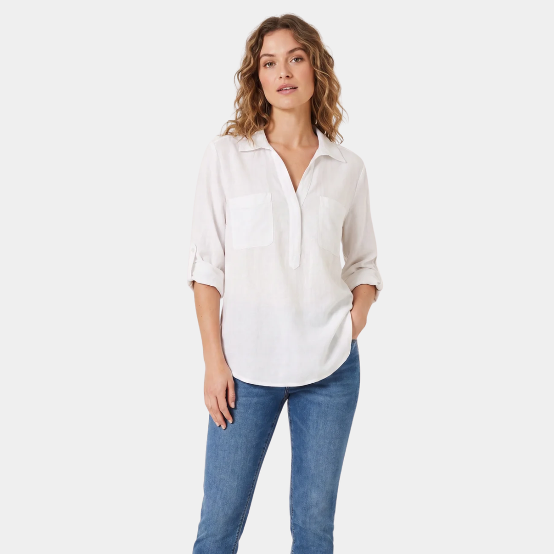 Ex Store Ladies White Linen Pocket Shirt Blouse